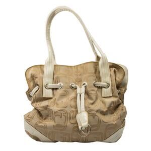 Vintage Womens Large Purse Tan White G Signature Roomy 3 Compartment Satchel Bag